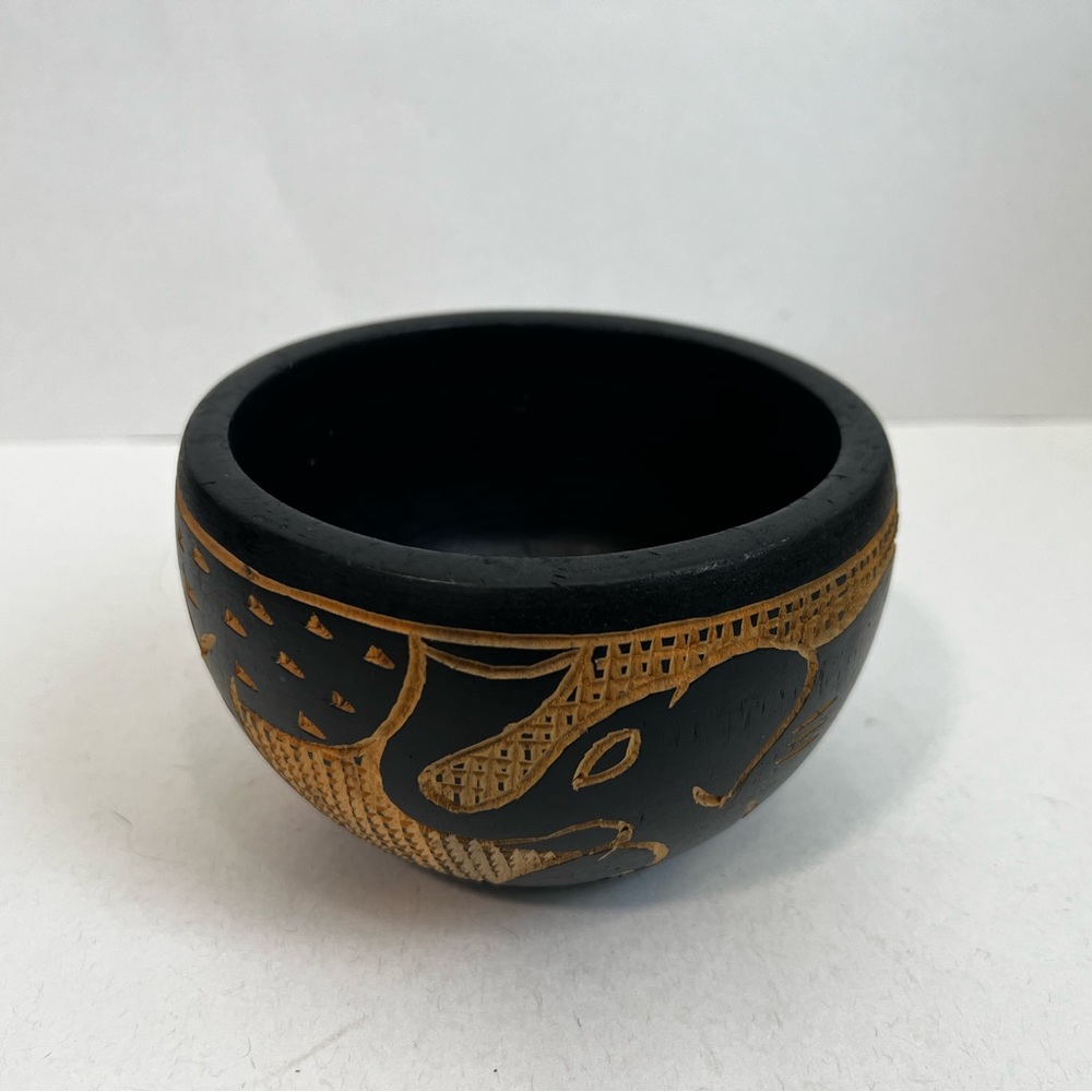 Hand carved and painted wooden bowl - features elephant, trees, and Africa
